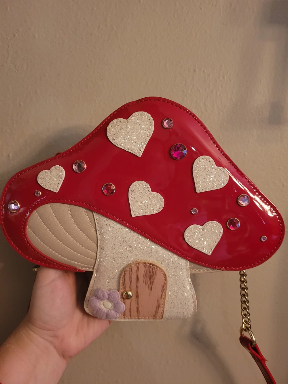 Betsey Johnson Red Mushroom Heart Crossbody Bag Toadstool Sparkly Rhinestone EUC